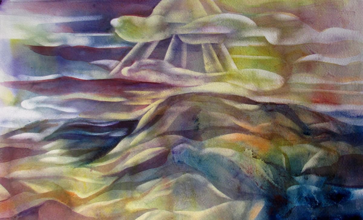 Abstract Landscape Watercolour By Alfred Ng, 21 X 13, Mythical Lights, Original Artwork