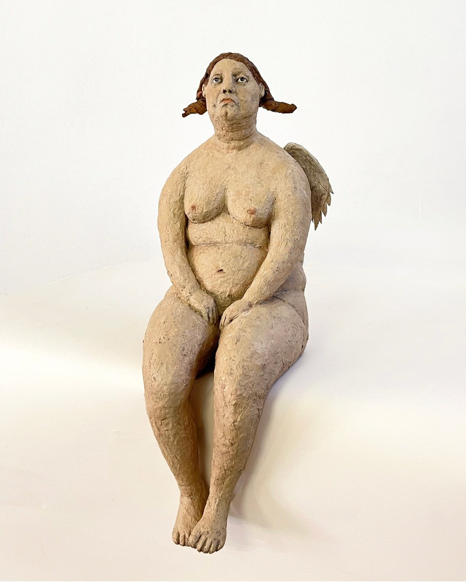 Expressive Portrait Sculpture By Sol Vil, 6 X 14", Fat Angel-Sad Angel, Original Artwork