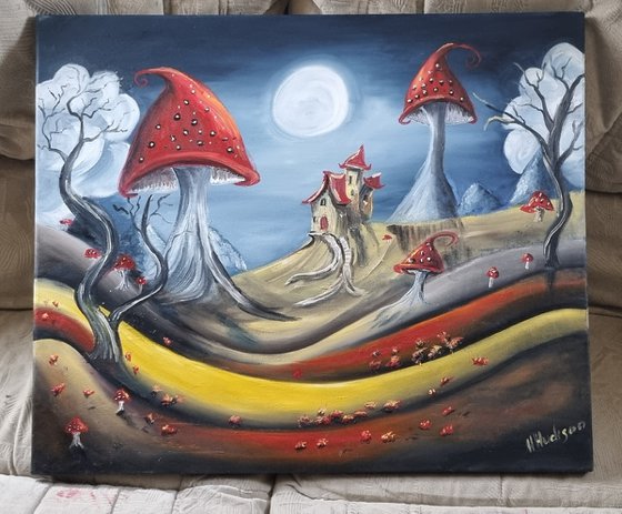 Moonlit Rolling Hills 24"×20" oil on canvas, red mushroom landscape