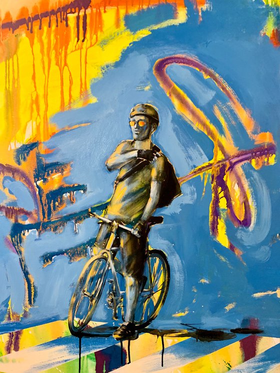 Bright painting - "Cyclist on sunset" - Urban Art - Pop Art - 2022