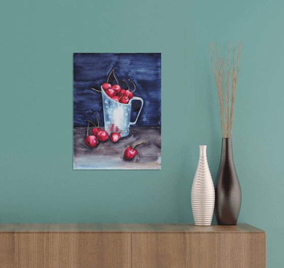 Cherries on darkness light - original watercolor artwork