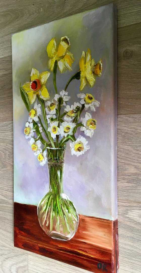 Bouquet of Daffodils  #6 on wooden  table, still life inspired by spring in a glass.