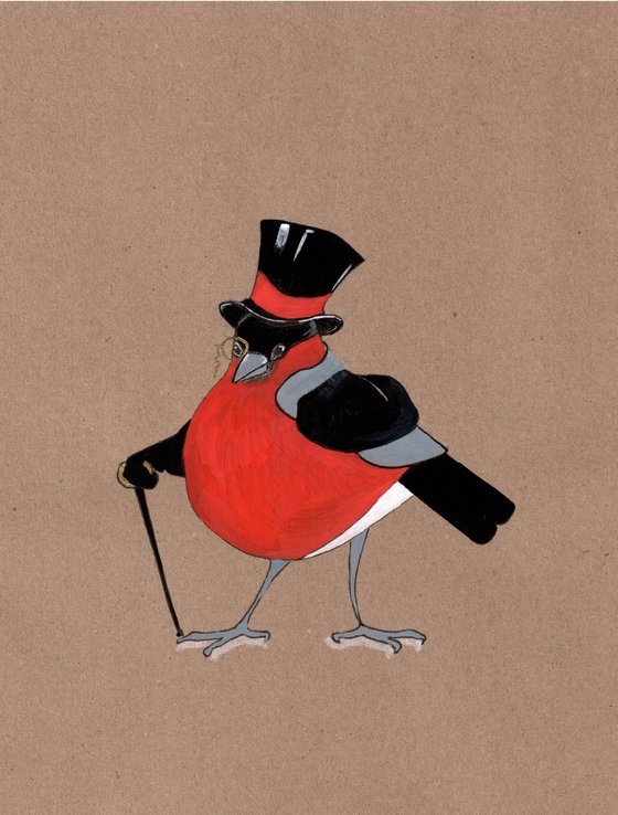 Bird portrait of a bullfinch in a gentleman's outfit - Gift idea for bird lover.