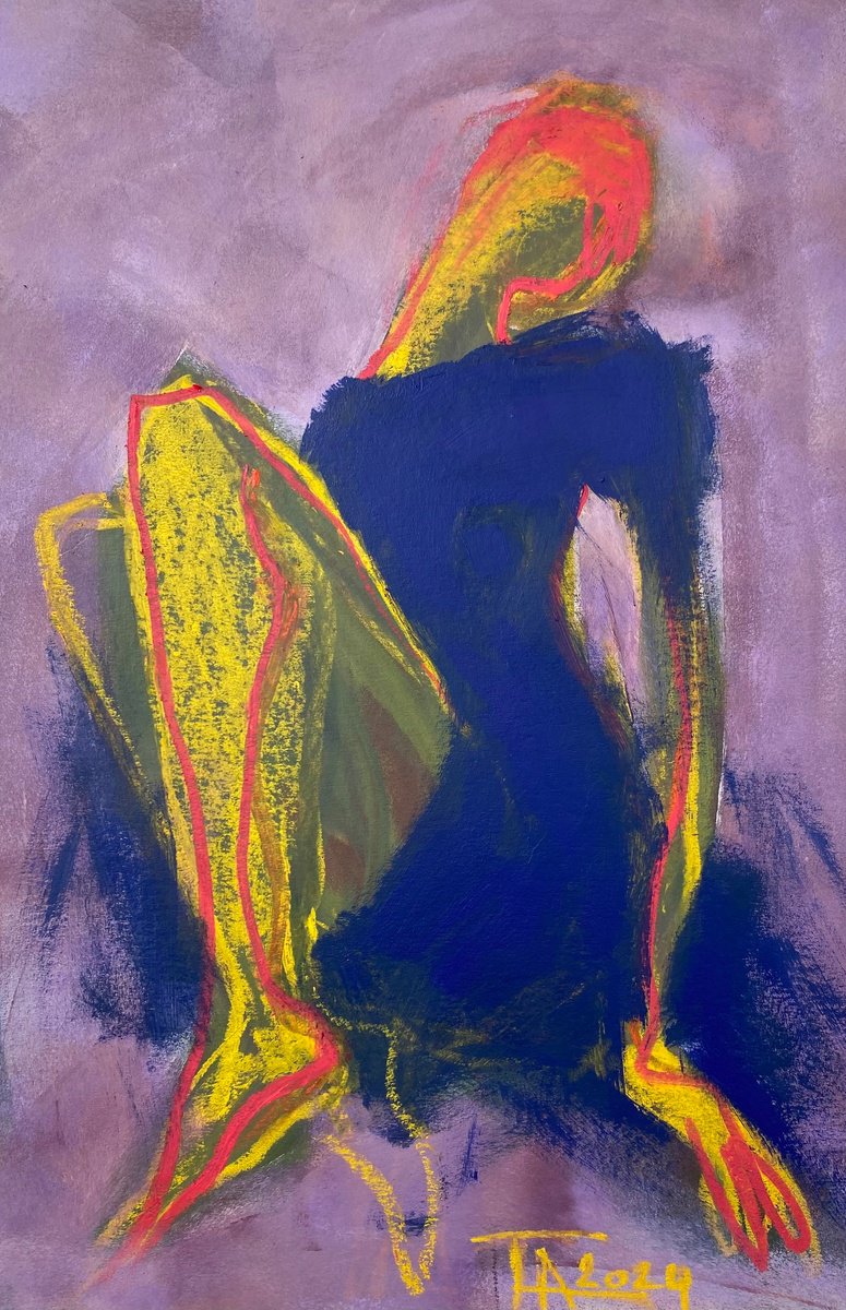 Expressive Portrait Pastel Drawing By Tatjana Auschew, 13 X 20", Girl In A Blue Dress., Original Artwork