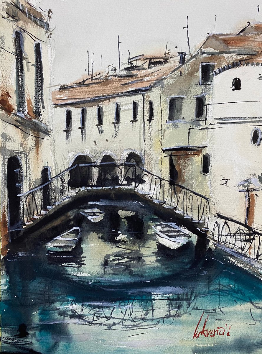 Impressionistic Cityscapes Watercolour By Tihomir Cirkvencic, 10 X 14", Venice Scene I, Italy, Original Artwork