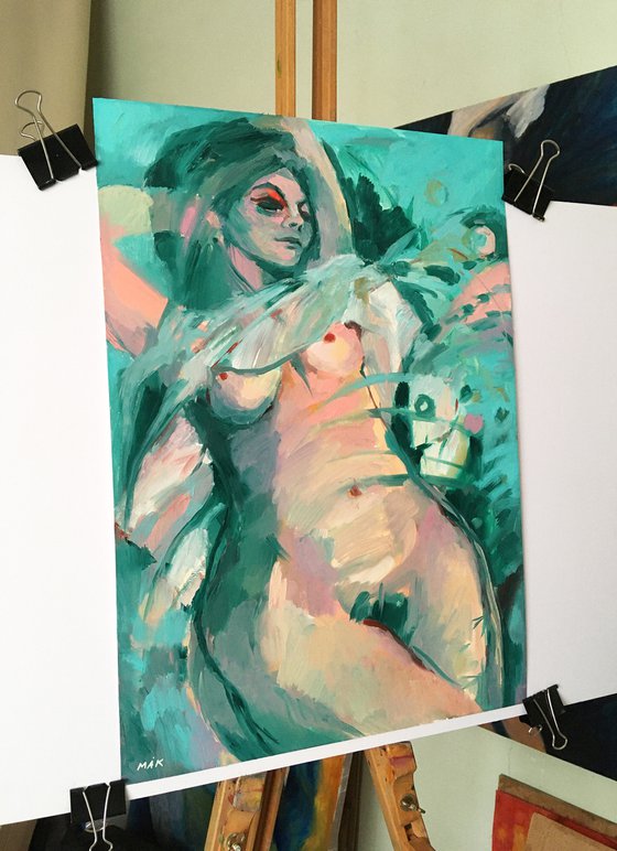 NAKED IN EMERALD - erotic semi-abstract wall art with a naked woman in pink and sky-blue colors