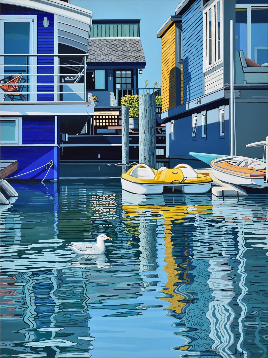 Photorealistic Landscape Acrylic Painting By Alex Nizovsky, 30 X 40, Houseboats And A Seagull #2, Original Artwork
