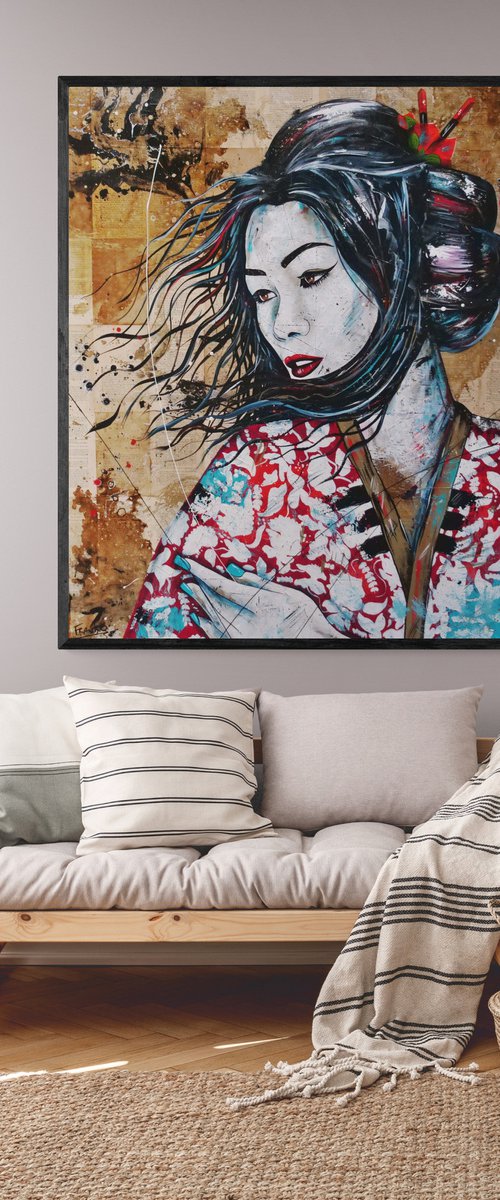 Cherry Aqua 120cm x 150cm Japanese Geisha Book Page Urban Pop Art by Franko