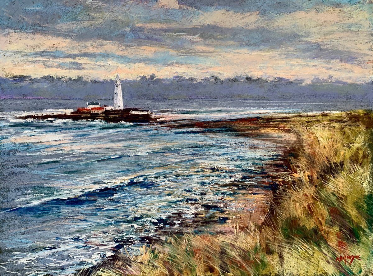 Impressionistic Landscape Pastel Drawing By Andrew Moodie, 24 X 18, Lighthouse Whitley Bay, Original Artwork