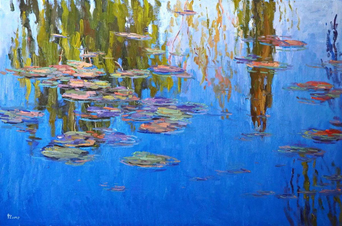 Impressionistic Landscape Oil Painting By Yuanyuan Liu, 35 X 24", Lotus Leaves, Original Artwork
