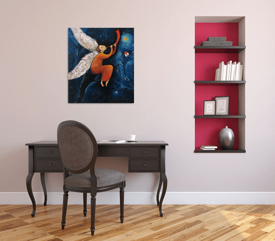 ANGEL - big painting with an angel in the blue sky Christmas gift interior decor living room art