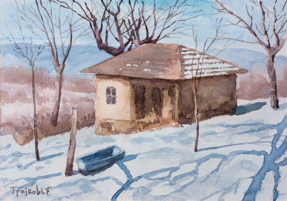 Impressionistic Landscape Watercolour By Dejan Trajkovic, 13 X 9, Cottage On The Hill, Original Artwork