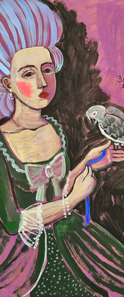 Girl with a grey parrot by Liuba Zdor