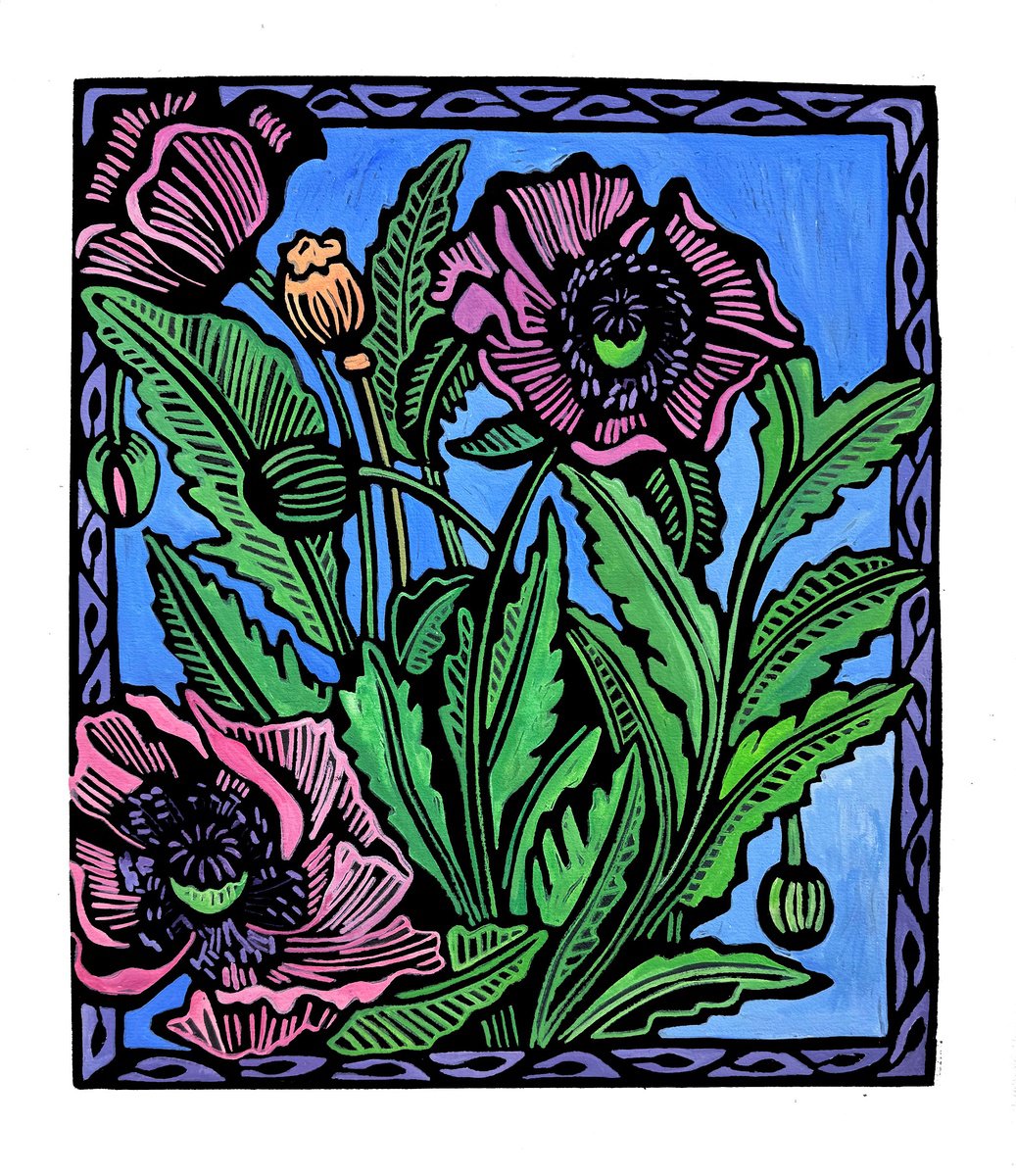 Illustrative Linocut , Pink Poppies By Laurel Macdonald, 13 X 15, Artwork For Sale On Artfinder