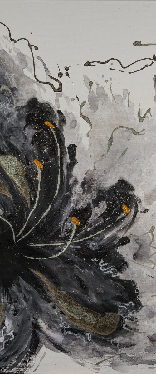 BLACK VEIL - Foil painting. Modern. Abstract. Gray shades. Hand-painted. Black. Flower. Textured. Golden leaf. by Marina Skromova