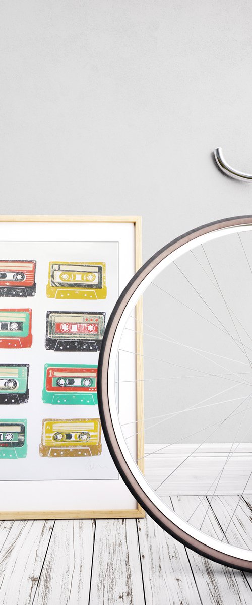 Linocut tapes #11 (cassette tapes, retro music, 70's, 80's rock culture) by Carolynne Coulson