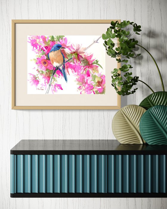 Bluebird and Pink Flowers