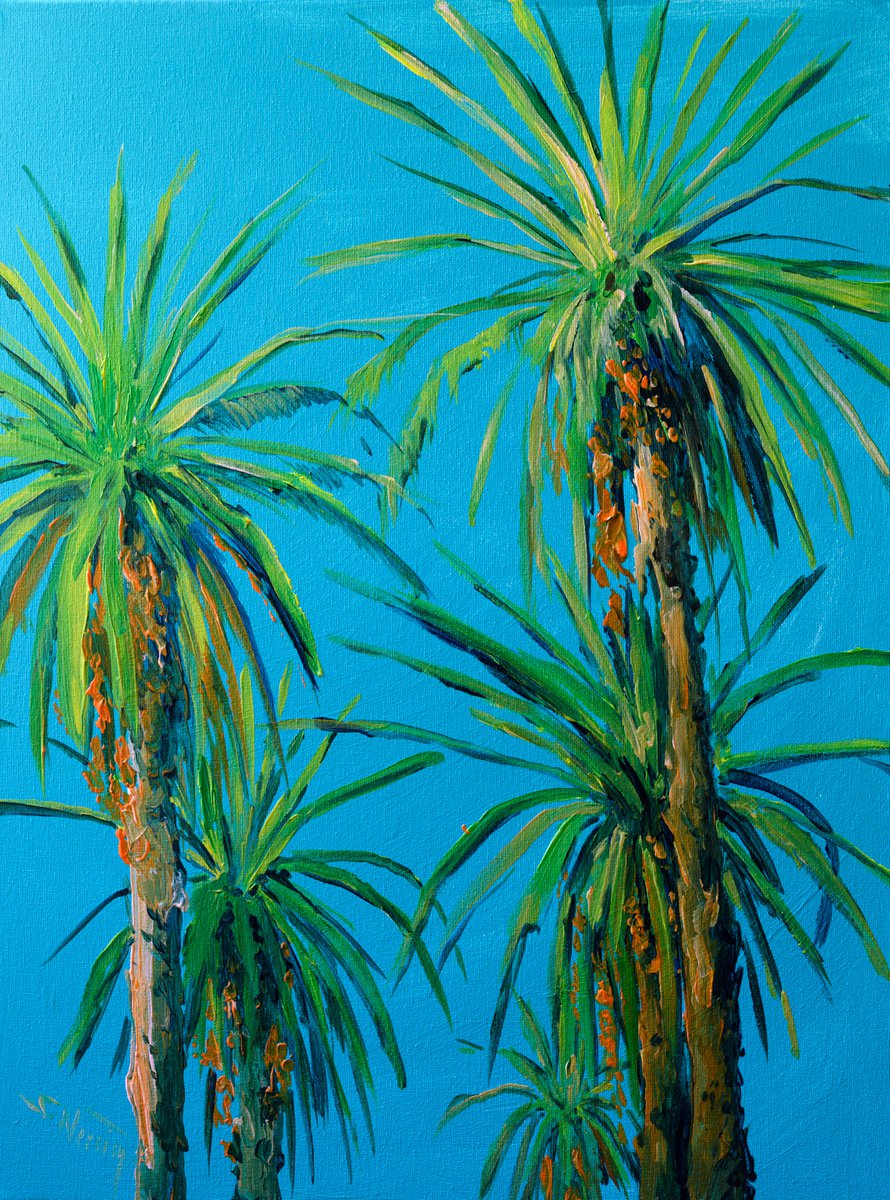 Expressive Botanical Acrylic Painting By Suren Nersisyan, 18 X 24", Palm Trees, Original Artwork