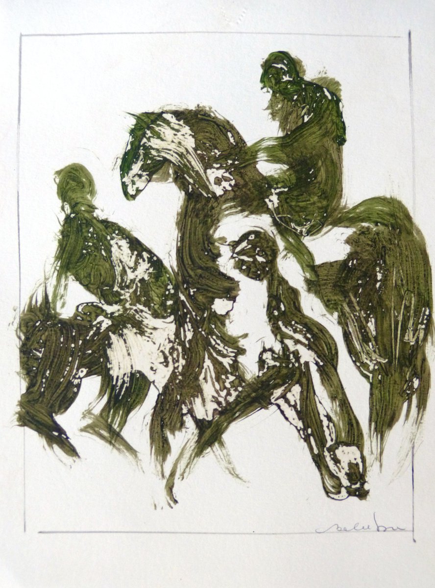 Expressive Animal Drawing By Frederic Belaubre, 8 X 11, Green Mood 18, Acrylic, Original Artwork