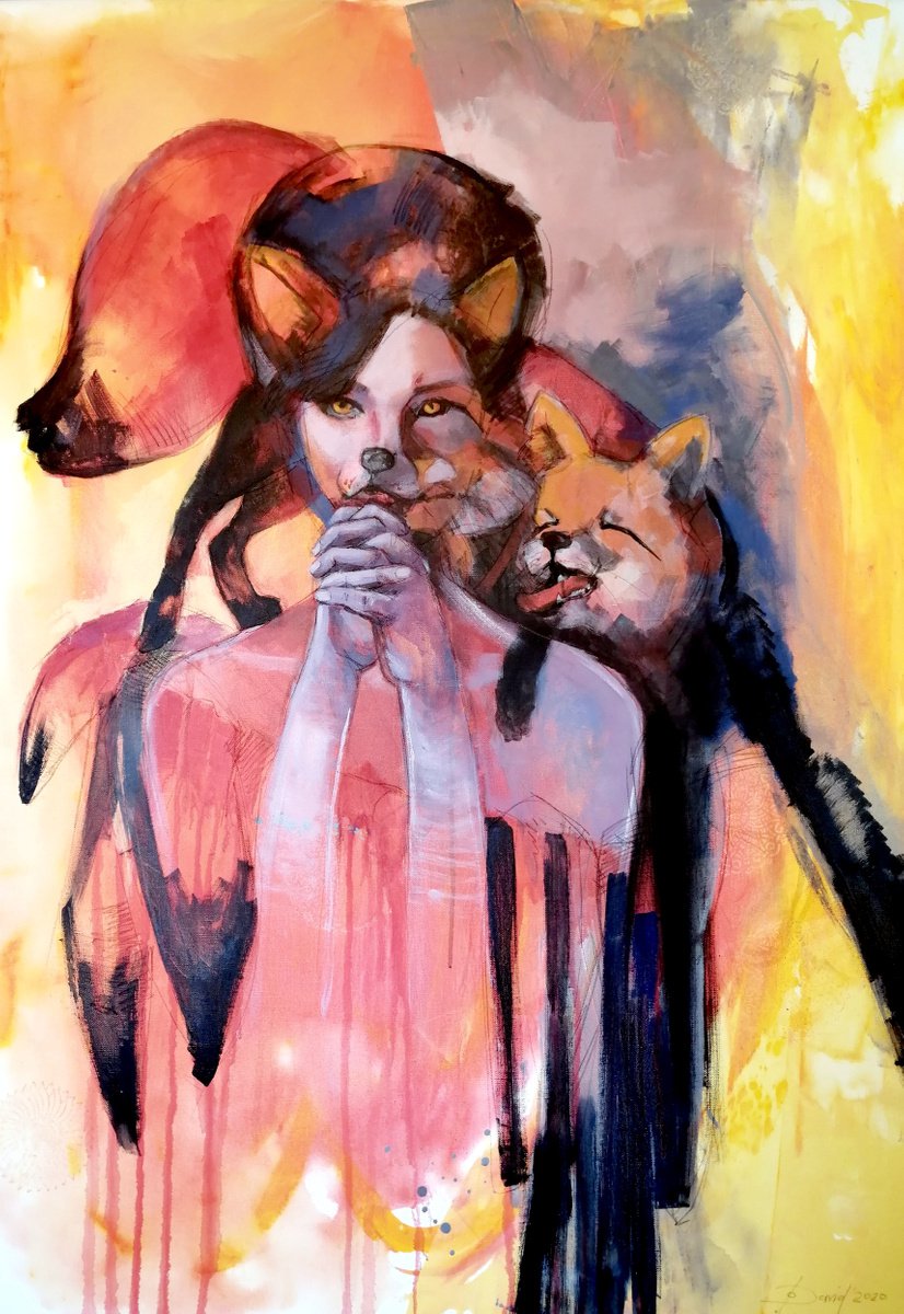 Impressionistic Portrait Acrylic Painting By Olga David, 39 X 55", Fuchsfrau, Original Artwork