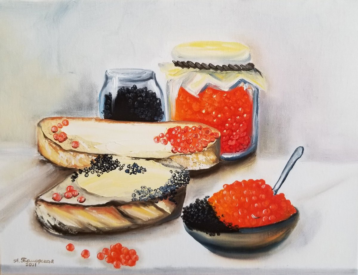 Still Life with Red and Black Caviar. Original Oil Painting. Interior painting with tradit... by Alexandra Tomorskaya/Caramel Art Gallery