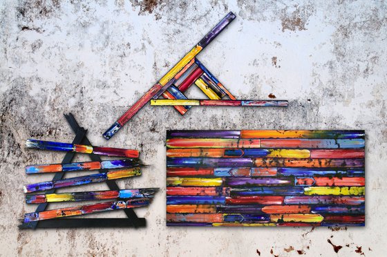 "Going Out With A Bang" - Save As A Series - Original PMS Sculptural Mixed Media Painting Assemblage Triptych On Wooden Panels and Wooden Fragments - 81 x 54 inches