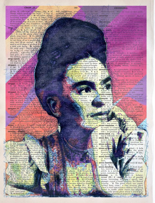 Frida Kahlo - Collage Art on Large Real English Dictionary Vintage Book Page by Jakub DK - JAKUB D KRZEWNIAK