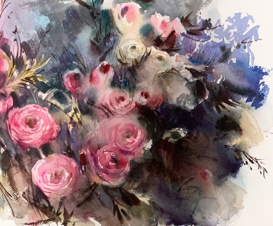 Roses and Other Flowers Watercolor Painting, Pink Floral Bouquet Watercolour Artwork