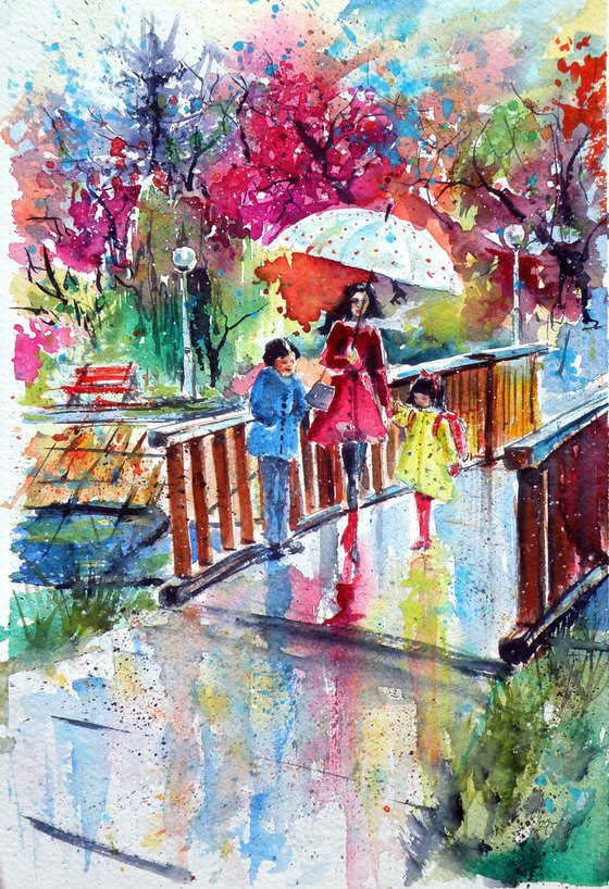 Walk to school on rainy day