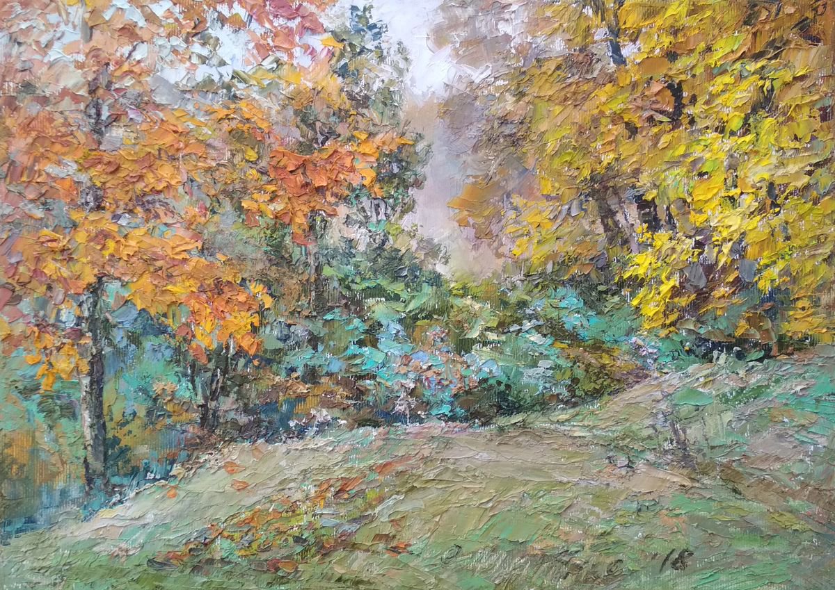 Fall colors / Autumn oil painting Fall trees Orange yellow green landscape by Olha Malko