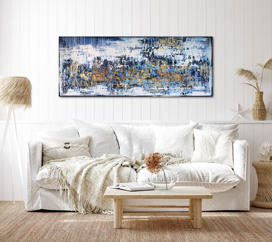 SNOWSTORM * 180 x 70 cms * ACRYLIC PAINTING ON CANVAS * WHITE * BLUE * GOLD