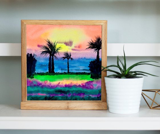 Ocean Watercolor Painting, Sunset Beach Original Art, Neon Wall Art, Coastal Home Decor