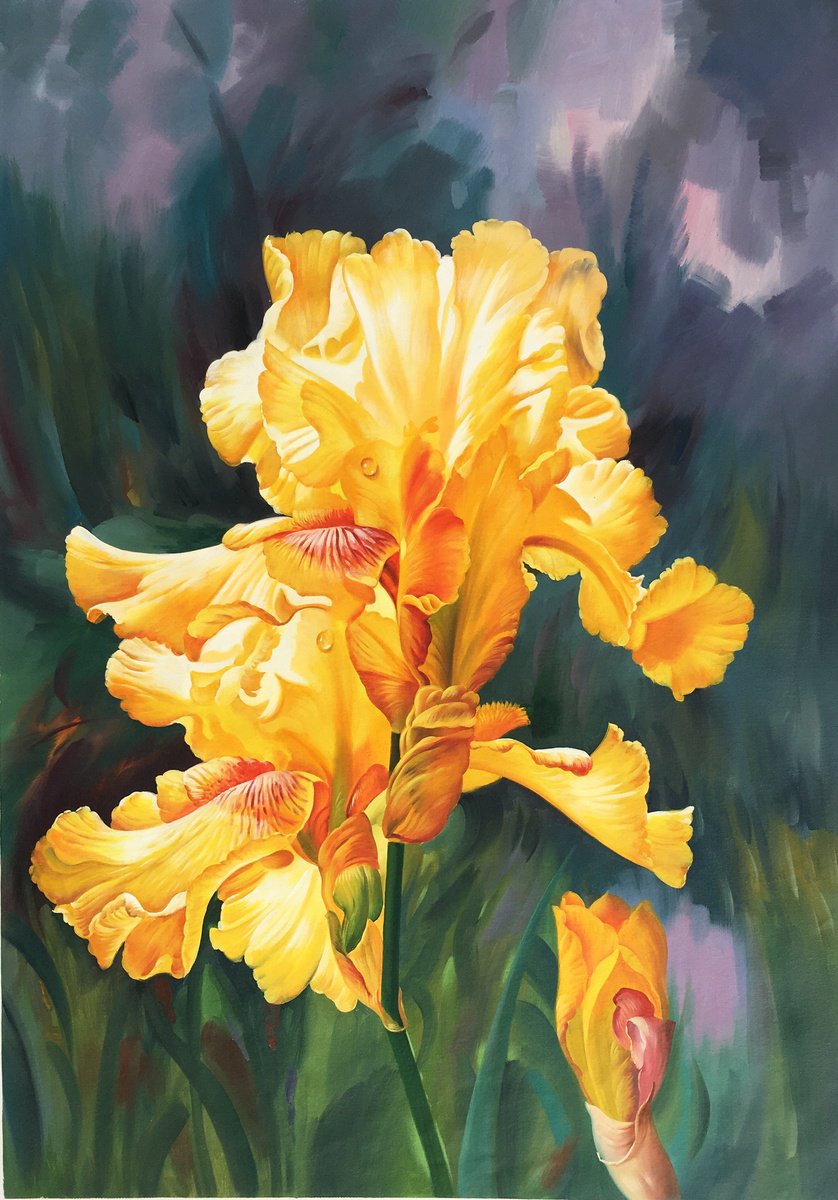 Impressionistic Botanical Oil Painting By Kunlong Wang, 28 X 39", Yellow Flowers T244, Original Artwork