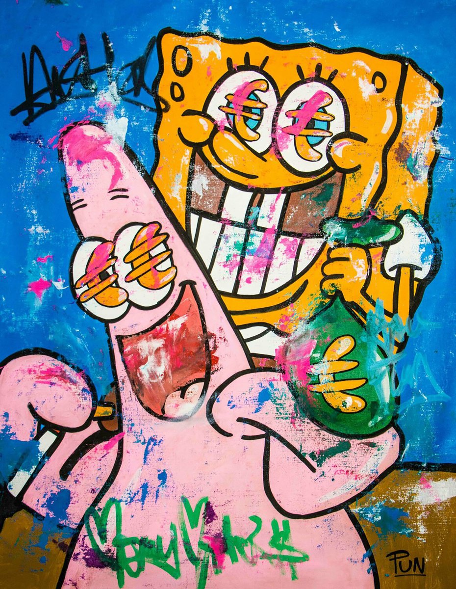 Urban And Pop Acrylic Painting , Lets Have Fun! Ft. Bob Sponge Patrick Star By Carlos Pun Art, 28 X 35, Artwork For Sale On Artfinder