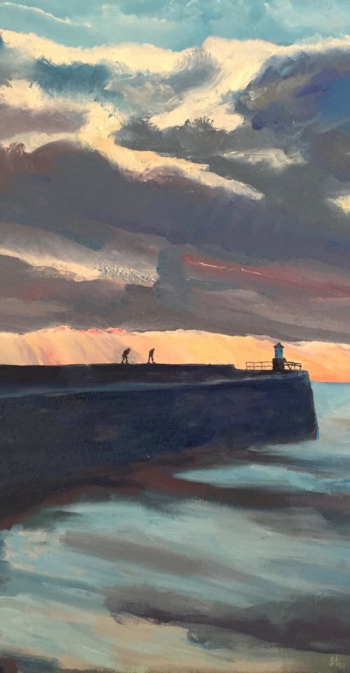 Two people walking on Pittenweem Harbour Walls by Stephen Howard Harrison