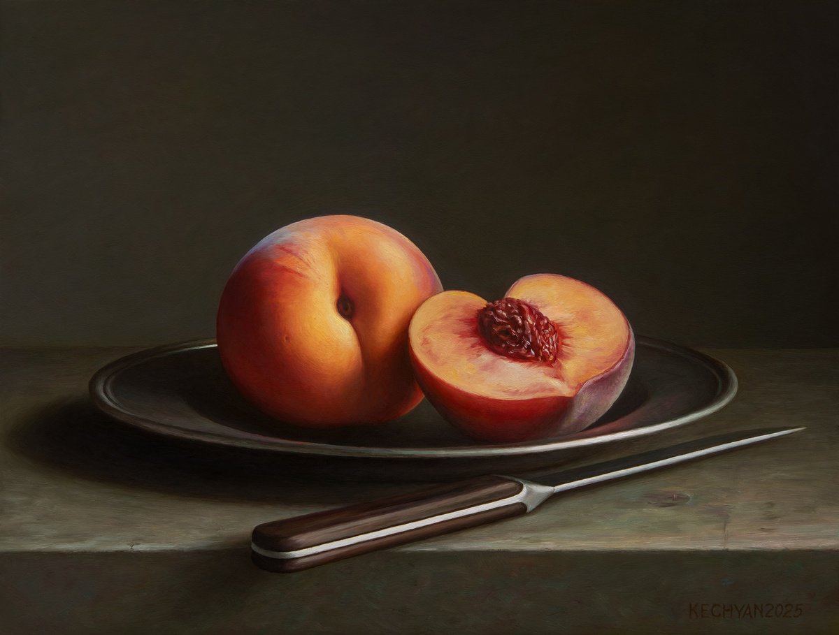 Photorealistic Still Life Oil Painting By Albert Kechyan, 13 X 10, Peaches With A Knife, Original Artwork