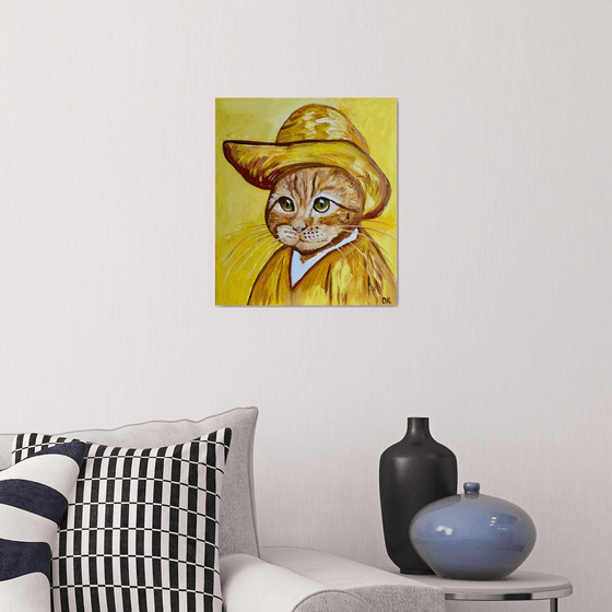 Cat in a straw hat with green eyes La Vincent Van Gogh