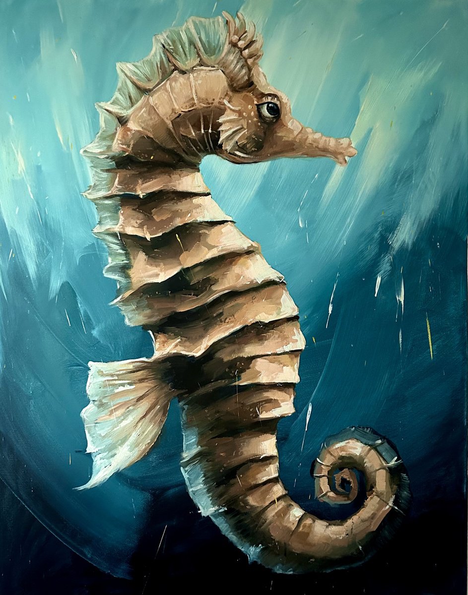 Impressionistic Animal Acrylic Painting By Ferenc Racz, 34 X 43, Sea Horse, Original Artwork