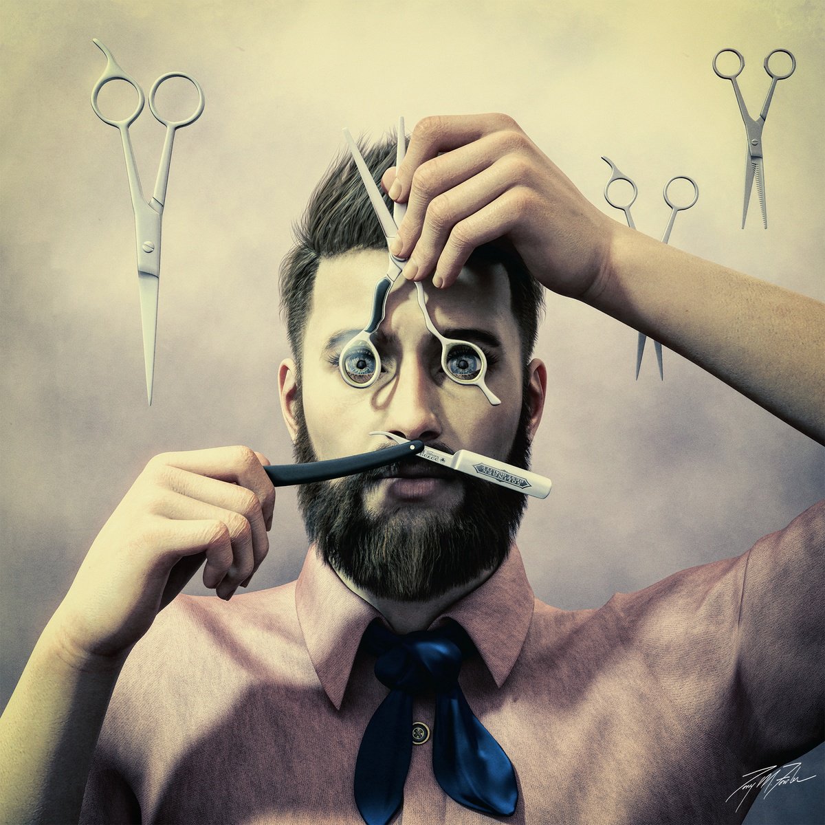 Surrealistic Portrait Giclee Print By Tony Fowler, 29 X 29", The Barber, Original Artwork