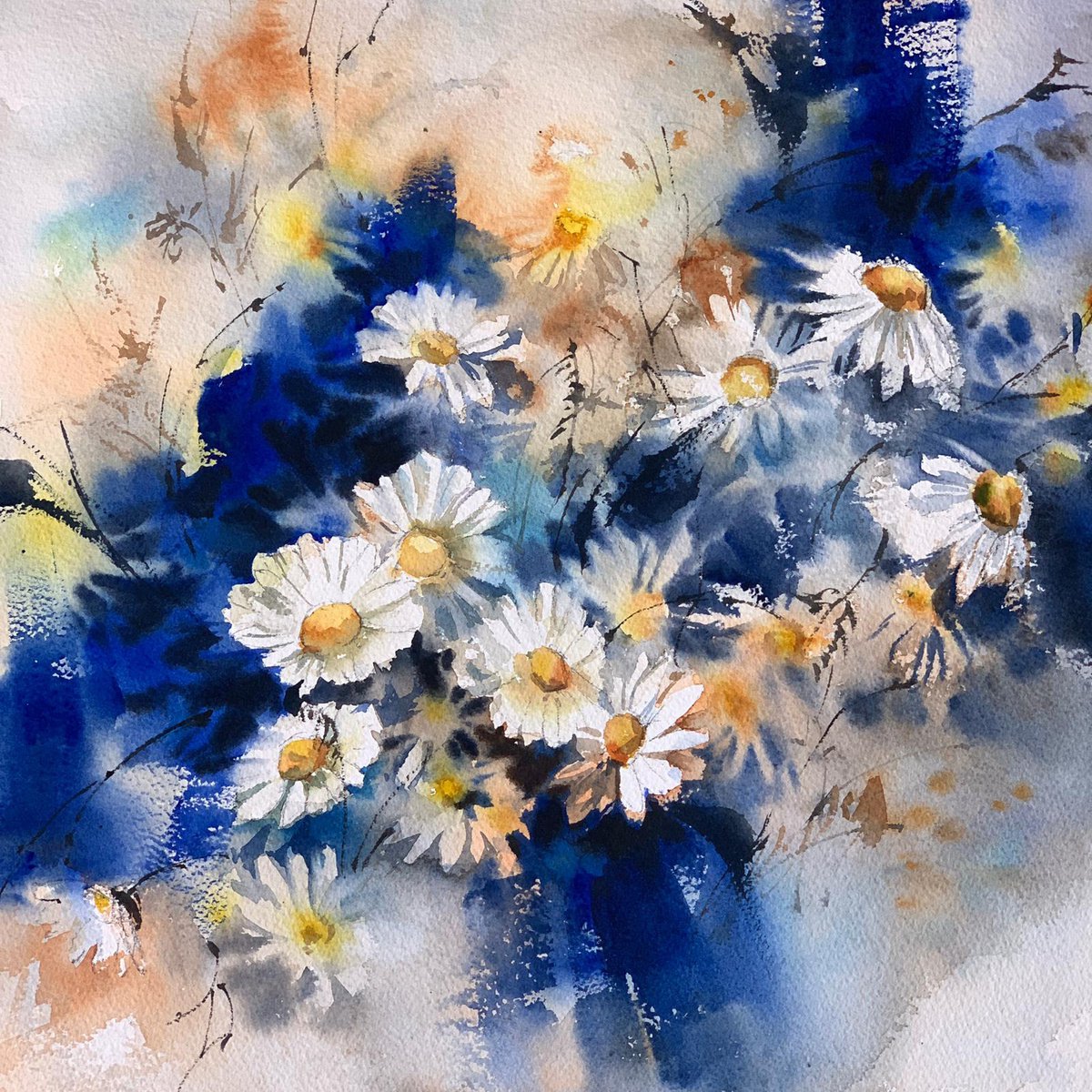 White Daisies Watercolor Painting by Sophie Rodionov