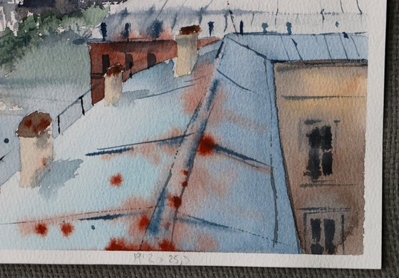 Roofs of houses in St. Petersburg. Original watercolor artwork.