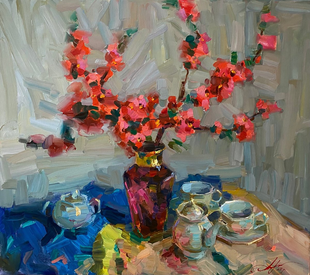 Impressionistic Botanical Oil Painting By Oleksii Chebotaru, 32 X 28", Festive Breakfast, Original Artwork