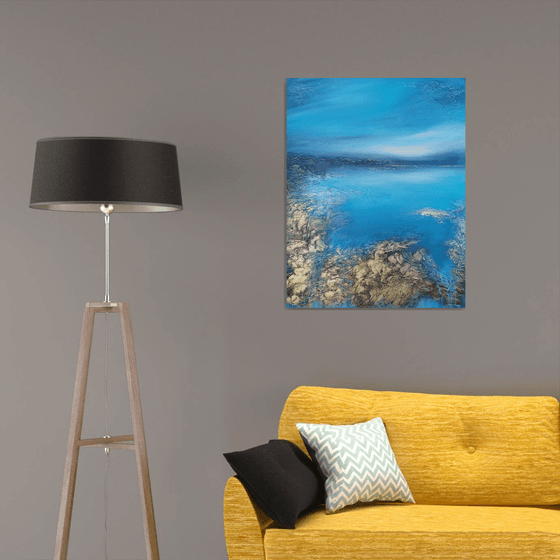 A XL large original modern semi-abstract painting "Blue Lagoon"