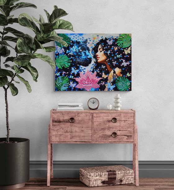 Woman and panther in the jungle. Floral female portrait with wild animal. Butterflies wall home decor, art gift for her
