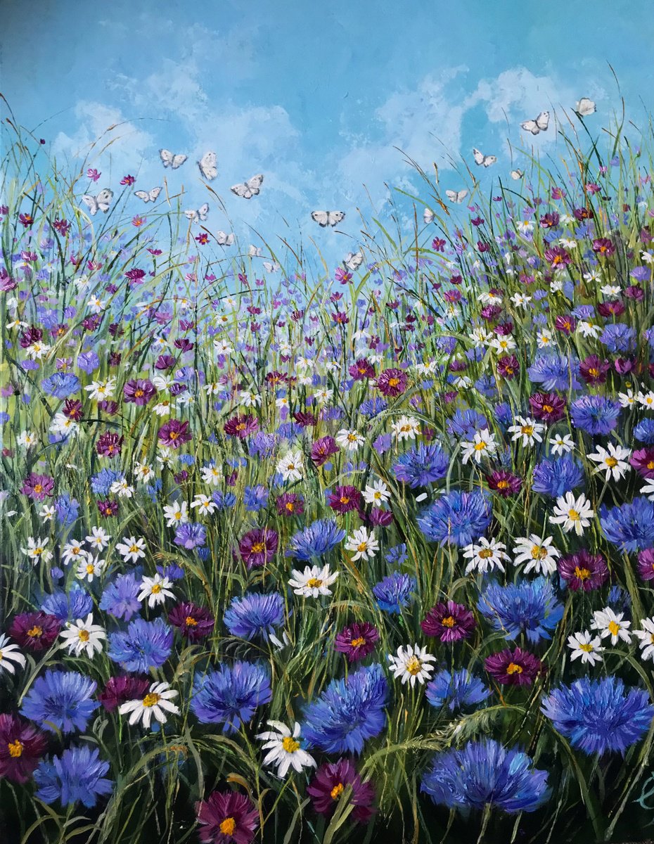 Impressionistic Botanical Acrylic Painting By Colette Baumback, 29 X 36, Blue Meadow, Original Artwork