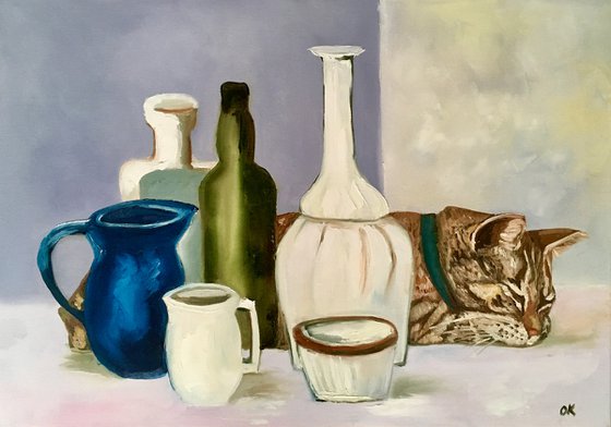 Sleeping beauty  Troy The Cat and Giorgio Morandi vases and bottles