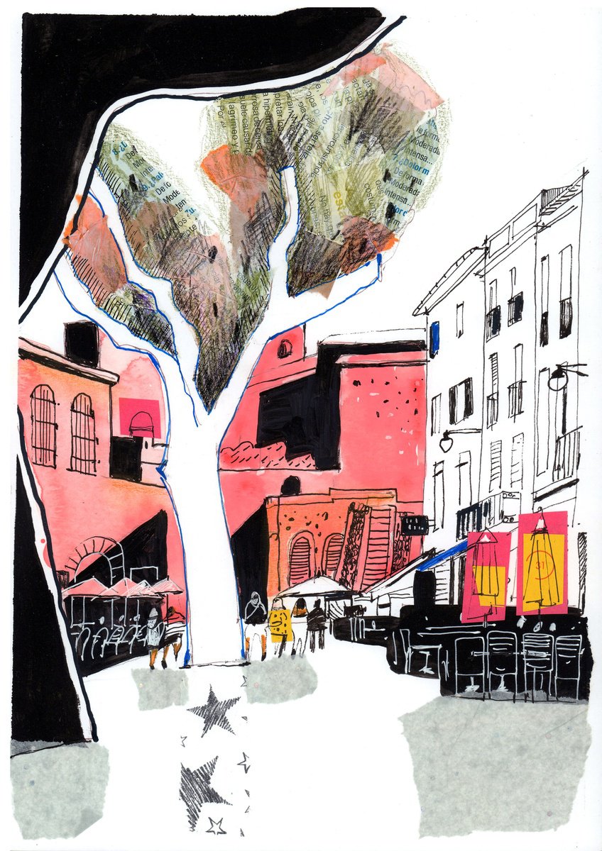 Impressionistic Cityscapes Drawing By Anastasia Mamoshina, 8 X 12, Cafe Vibes In Collioure, Original Artwork