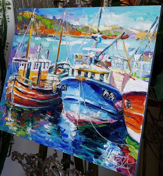 Painting Fishing boats, Nautical Painting, boat yacht bay