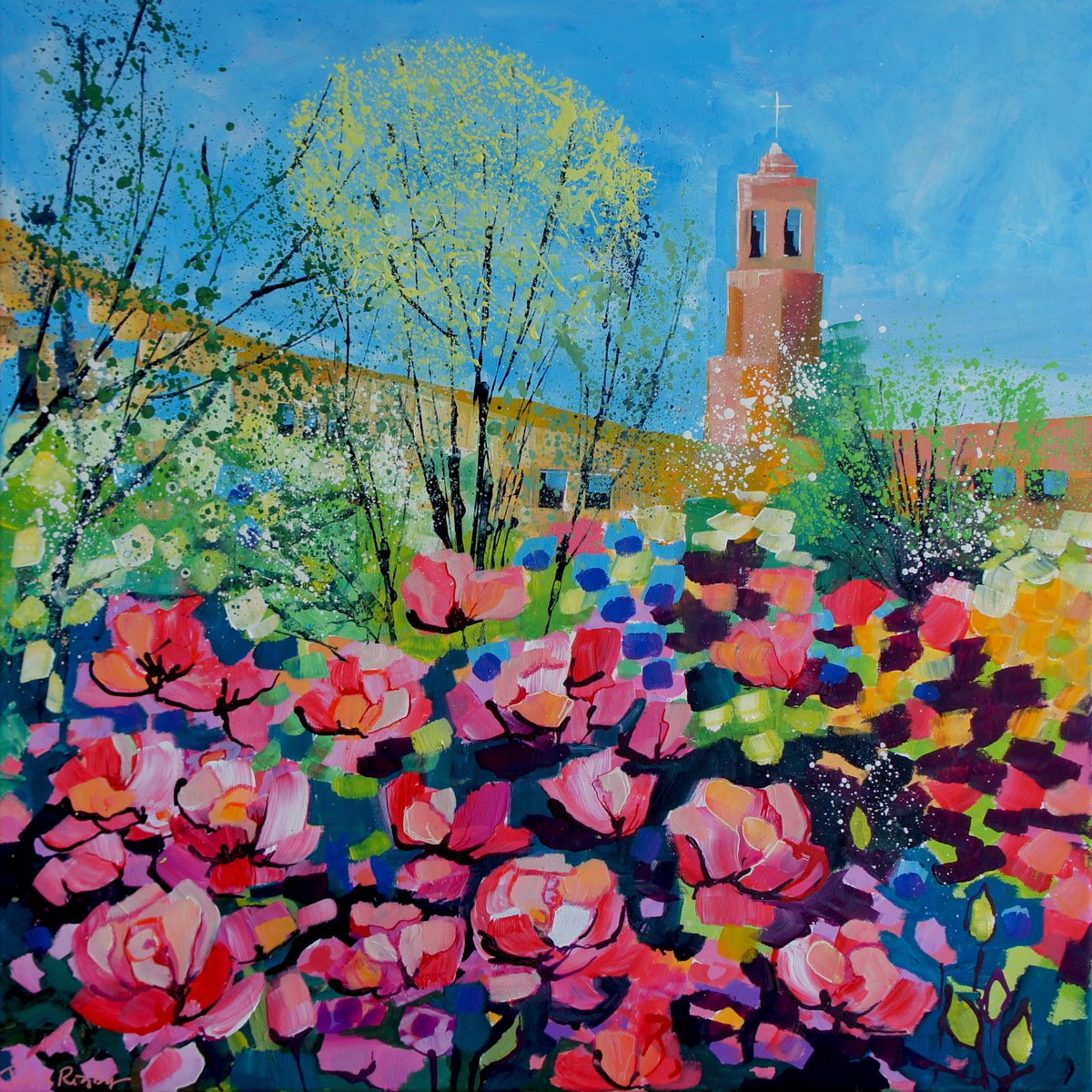 Impressionistic Landscape Acrylic Painting By Julia Rigby, 31 X 31", Rose Garden Vilnius, Original Artwork