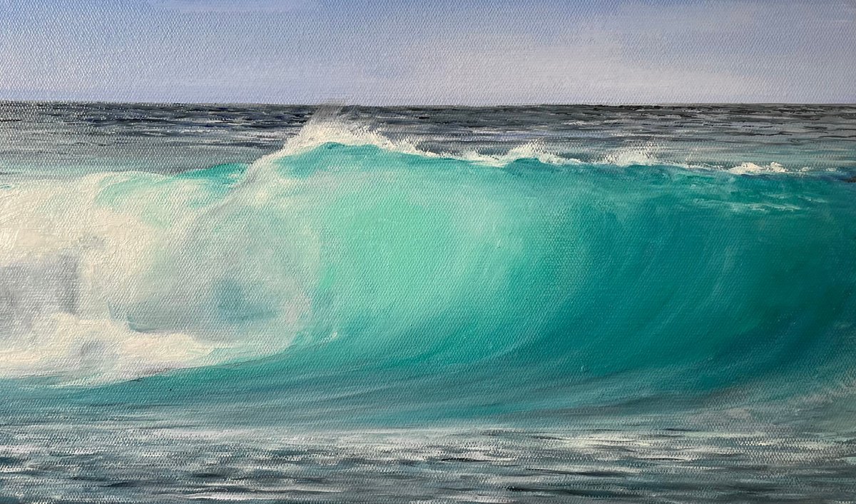 Photorealistic Landscape Oil Painting By Aflatun Israilov, 20 X 12, A Turquoise Wave, Original Artwork